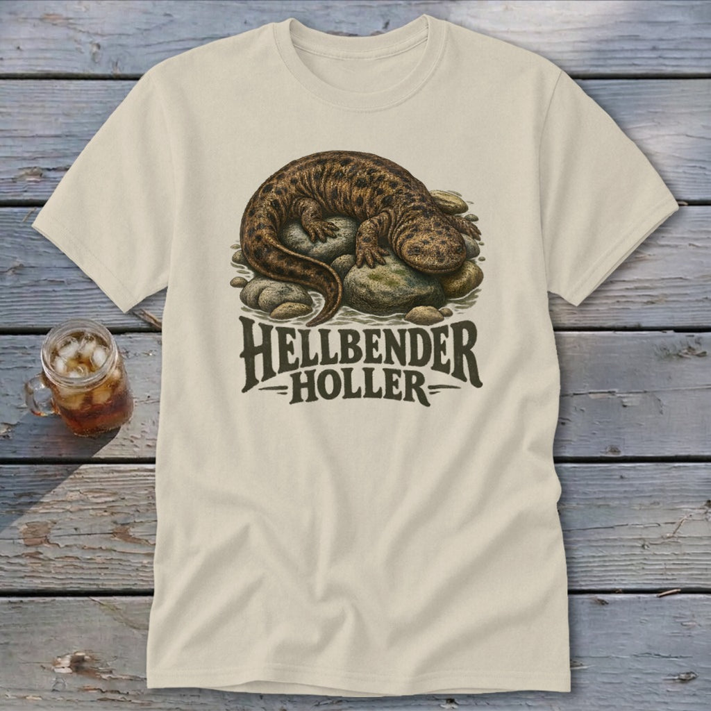 Cream t-shirt with Hellbender Holler text and illustration of a hellbender salamander on rocks.