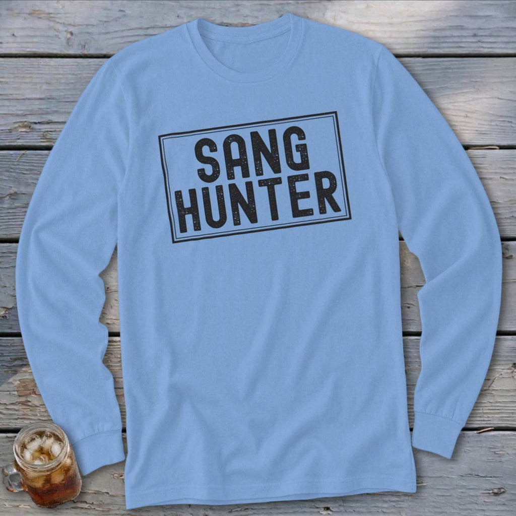 Light blue long-sleeve shirt with "SANG HUNTER" in black text inside a rectangle.