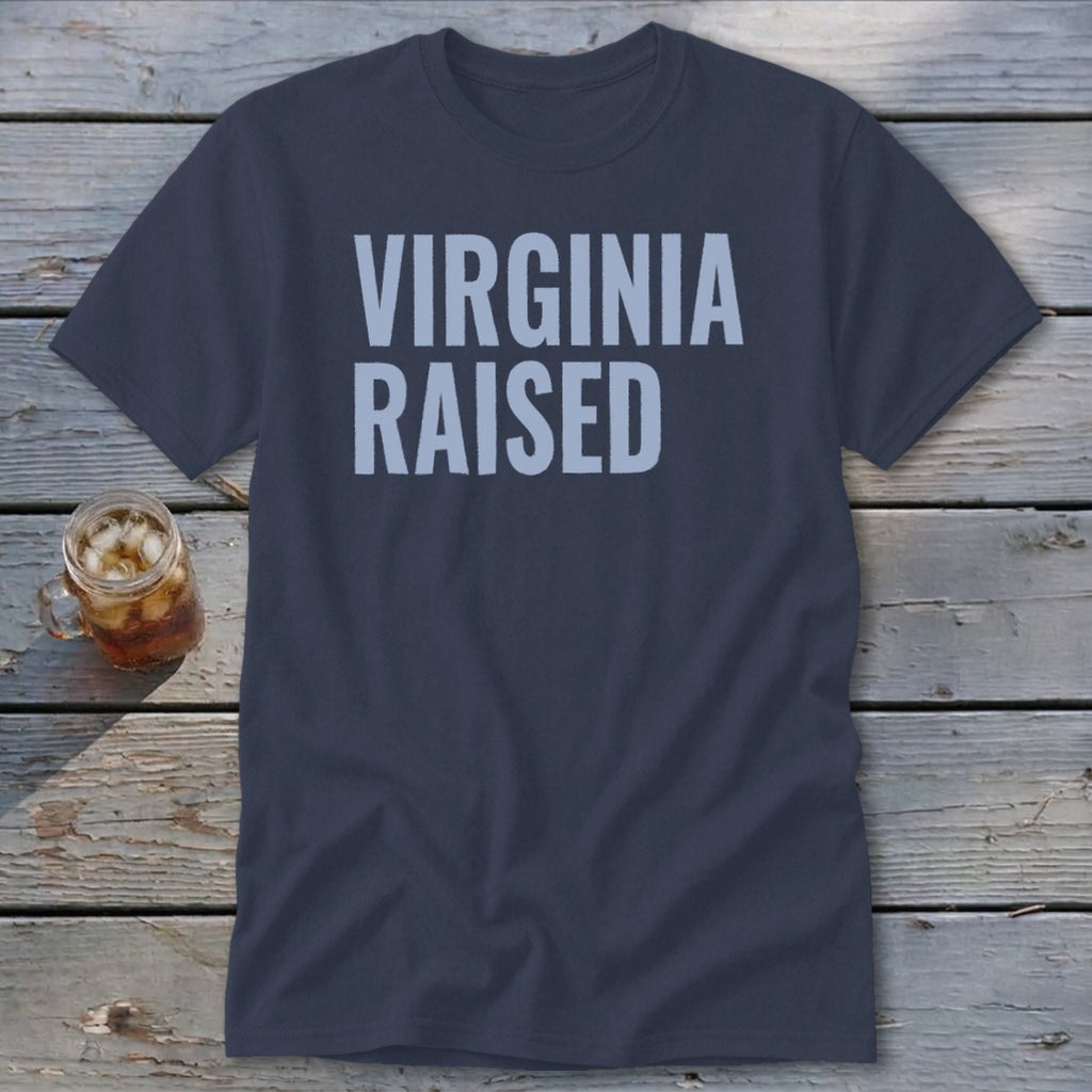 Dark blue t-shirt with light blue text reading "VIRGINIA RAISED"