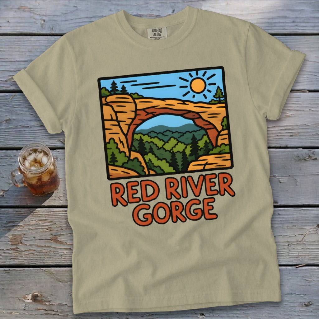 Tan t-shirt with "Red River Gorge" text and scenic archway graphic.
