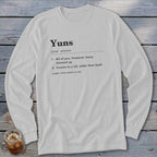 White long sleeve shirt with "Yuns" definition printed in black text.