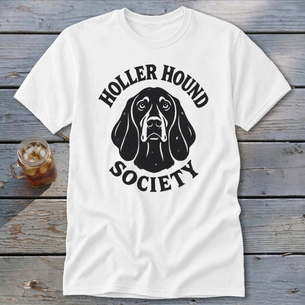 White t-shirt with black "Holler Hound Society" text and dog graphic.