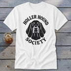 White t-shirt with black "Holler Hound Society" text and dog graphic.