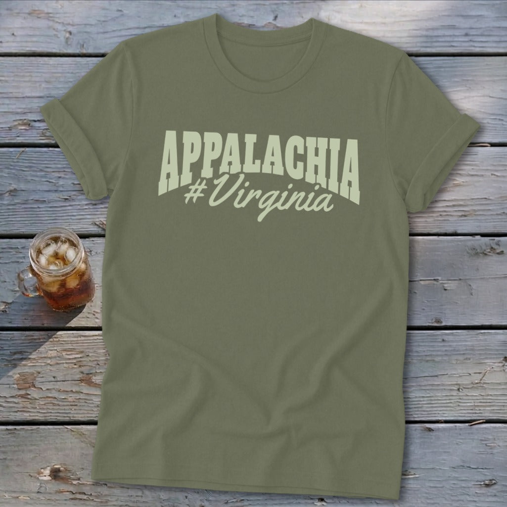 Olive green t-shirt with "APPALACHIA #Virginia" text in cream.