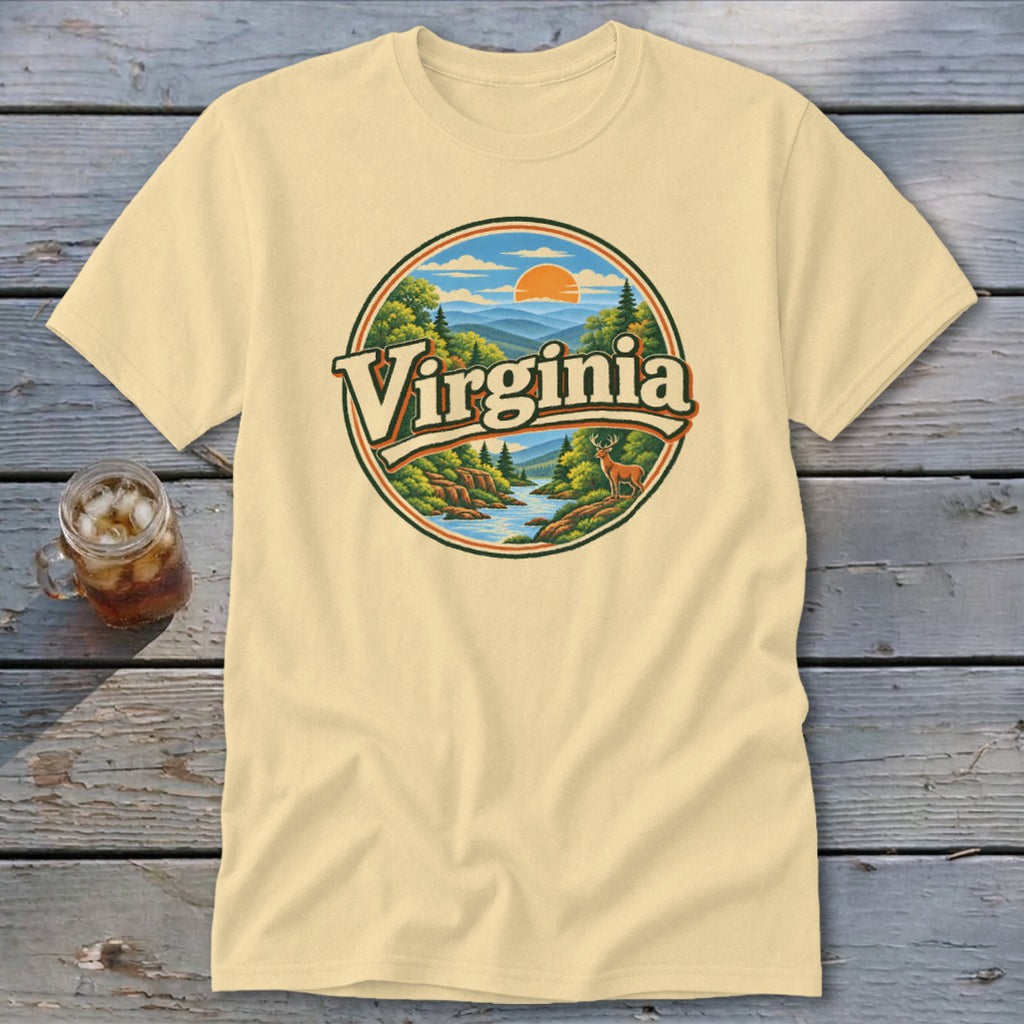 Cream t-shirt with circular Virginia mountain landscape graphic featuring a deer.