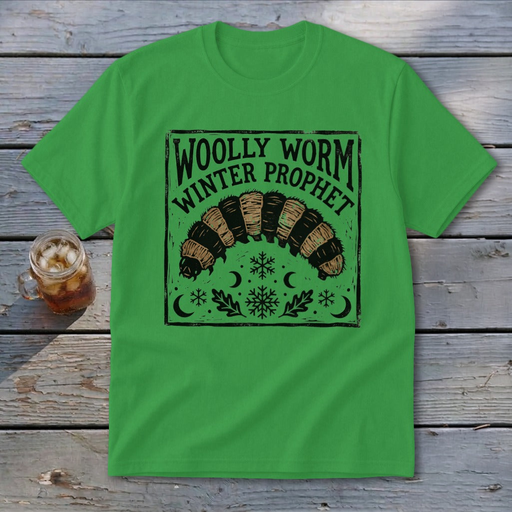 Bright green crewneck t-shirt featuring a black graphic of a woolly worm and the text Woolly Worm Winter Prophet.