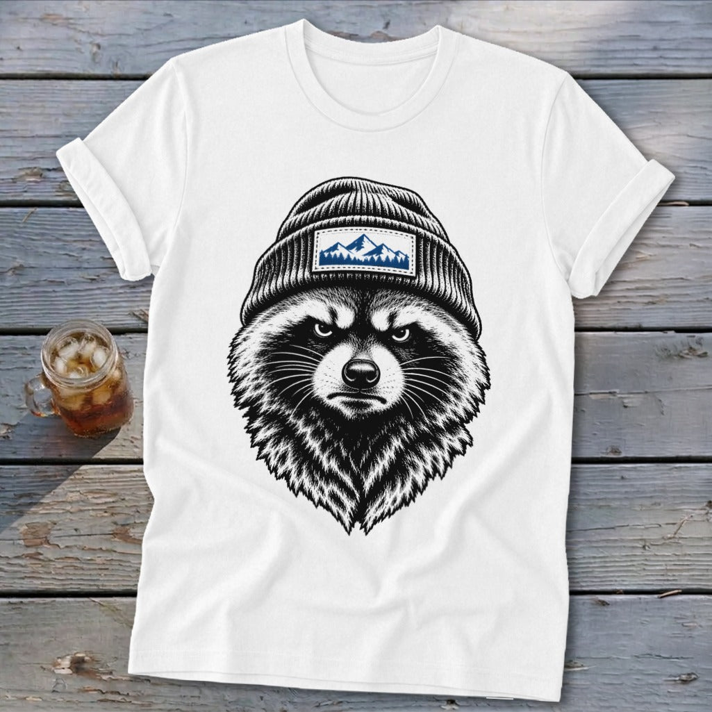 White t-shirt with illustration of a raccoon wearing a beanie with a mountain patch.