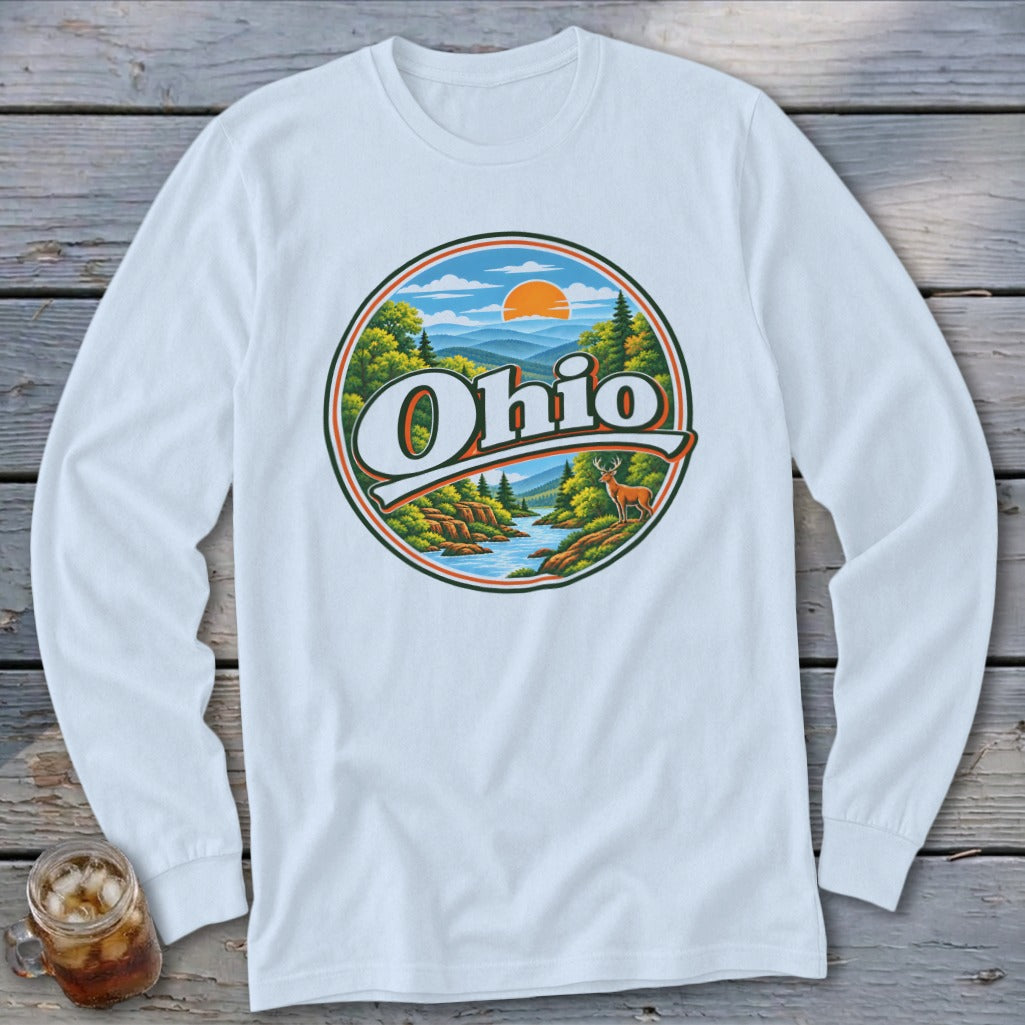 Long sleeve shirt with round Ohio nature graphic featuring a river, deer, and mountains.