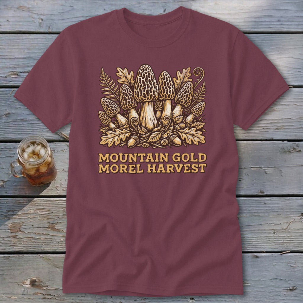 Maroon t-shirt with "Mountain Gold Morel Harvest" text and illustration of morel mushrooms.