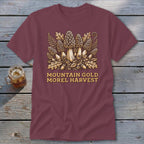 Maroon t-shirt with "Mountain Gold Morel Harvest" text and illustration of morel mushrooms.