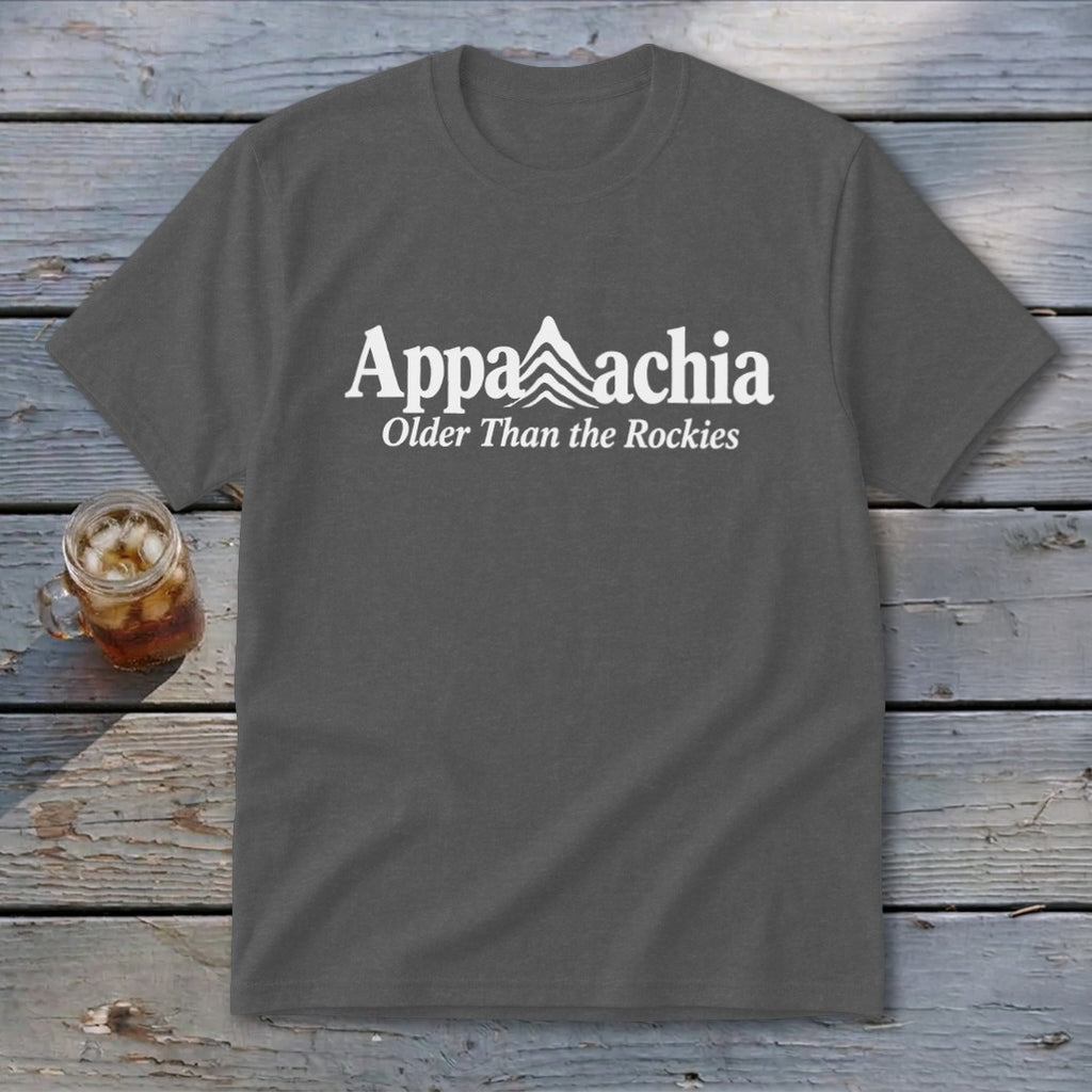 Charcoal t-shirt with white "Appalachia Older Than the Rockies" text and mountain graphic.