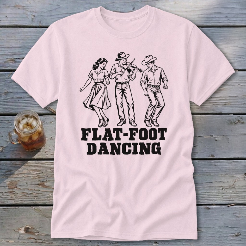 Light pink t-shirt with black graphic of three dancers and "Flat-Foot Dancing" text.