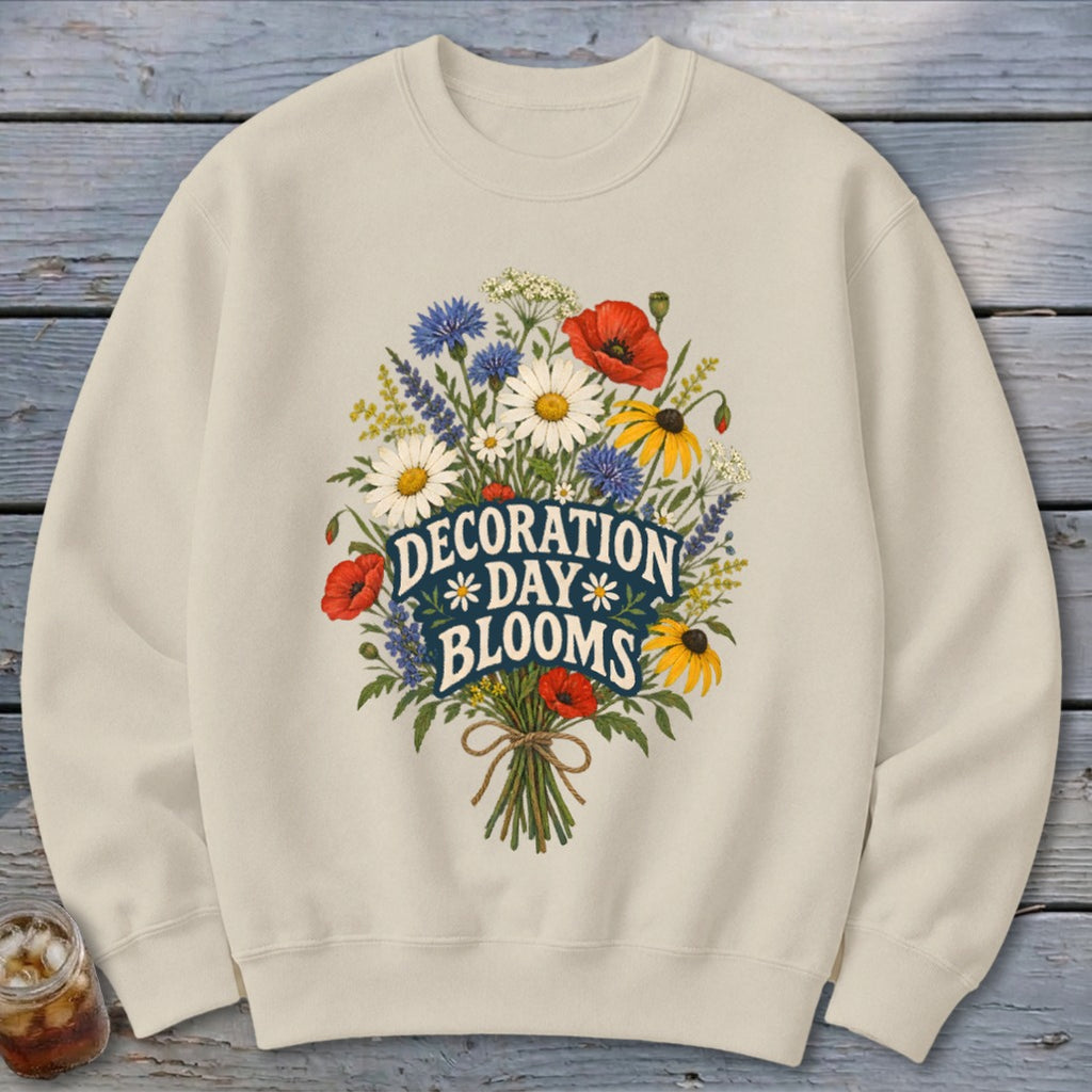 Cream sweatshirt with a floral graphic and text "Decoration Day Blooms".