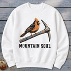 White sweatshirt with cardinal on pickaxe and text "MOUNTAIN SOUL".