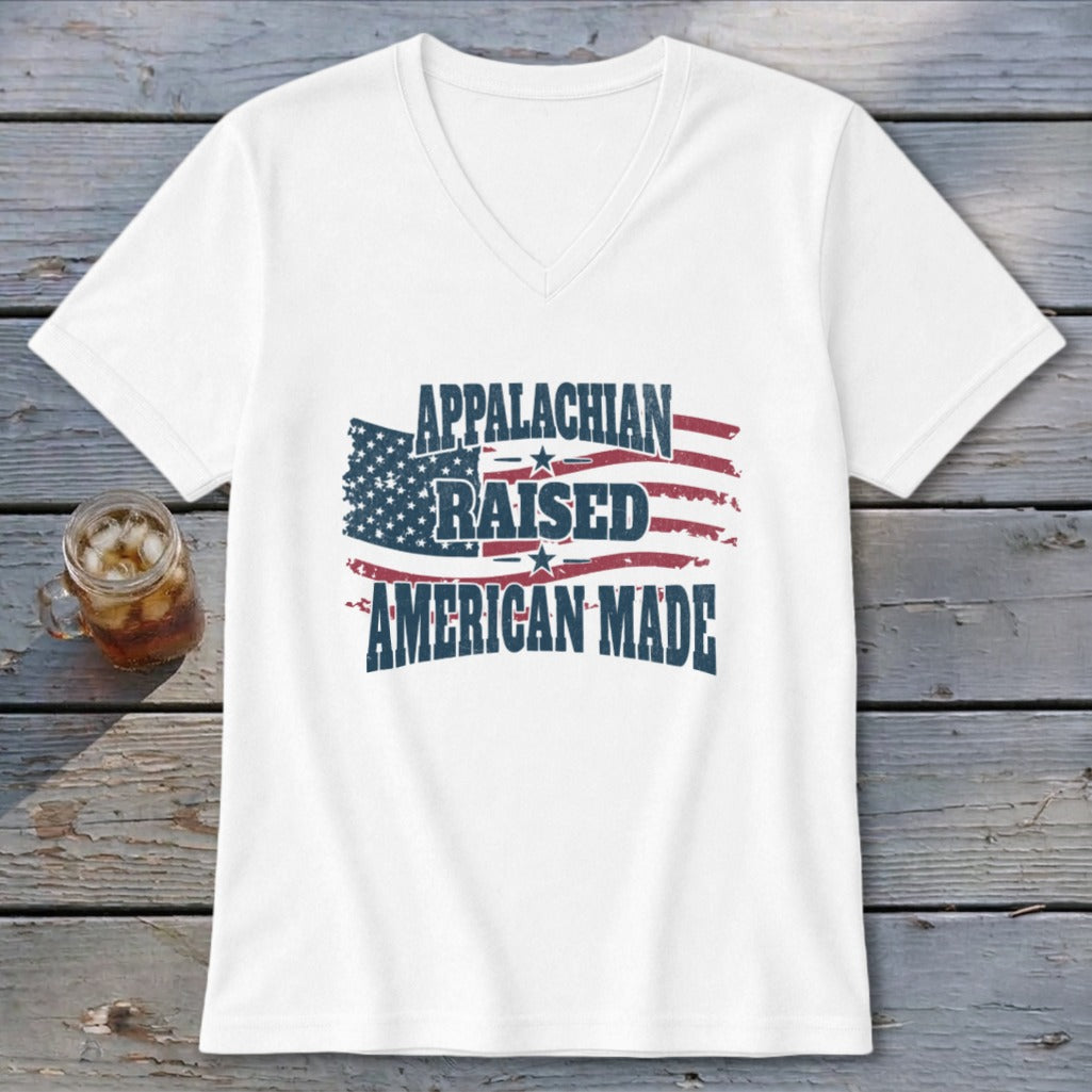 White t-shirt with "Appalachian Raised American Made" text over a distressed American flag.