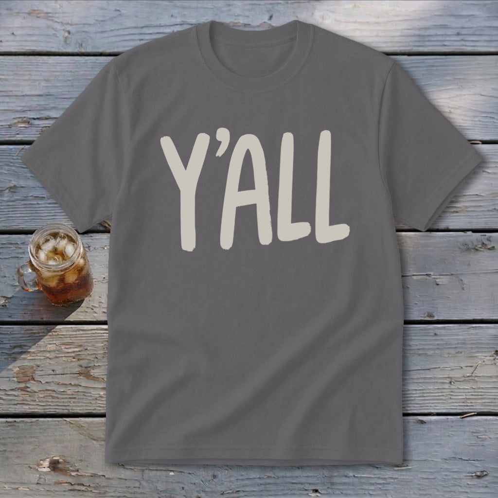 Grey t-shirt with large "Y'ALL" text in off-white.