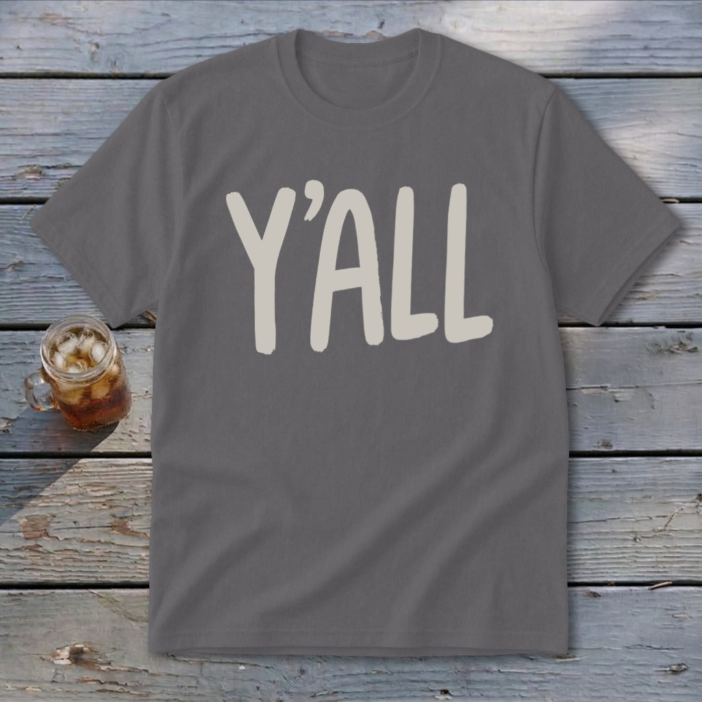 Grey t-shirt with large "Y'ALL" text in off-white.