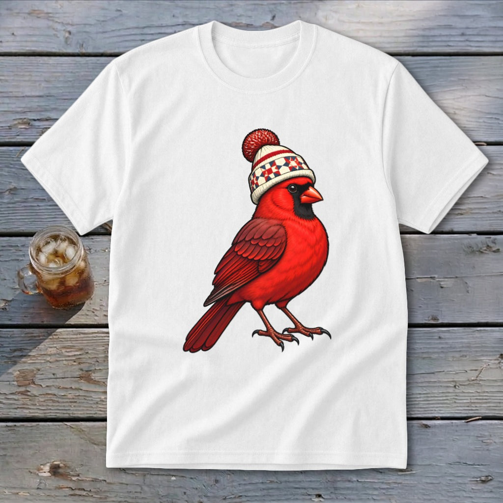 A white short-sleeve t-shirt with a graphic of a bright red cardinal wearing a winter beanie.