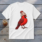 A white short-sleeve t-shirt with a graphic of a bright red cardinal wearing a winter beanie.