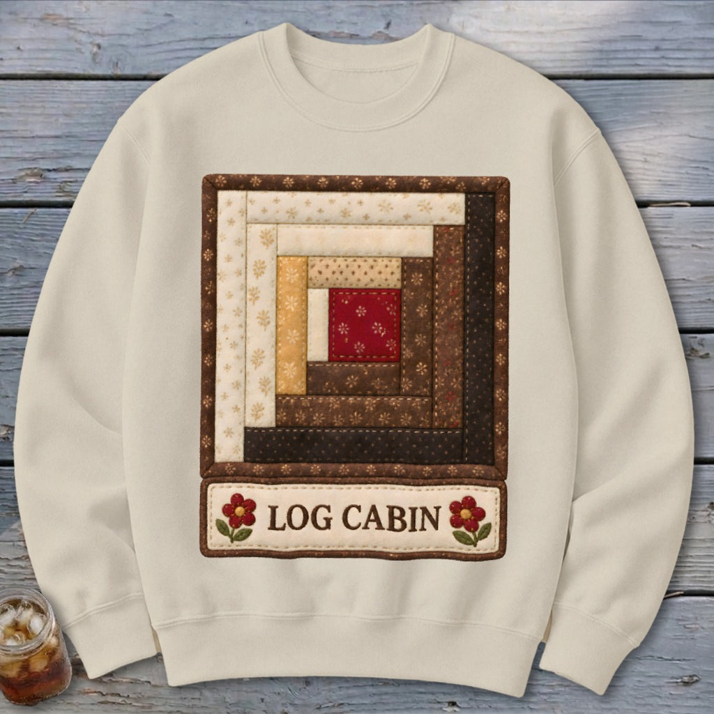 Cream sweatshirt with a square log cabin quilt block design and "LOG CABIN" text.
