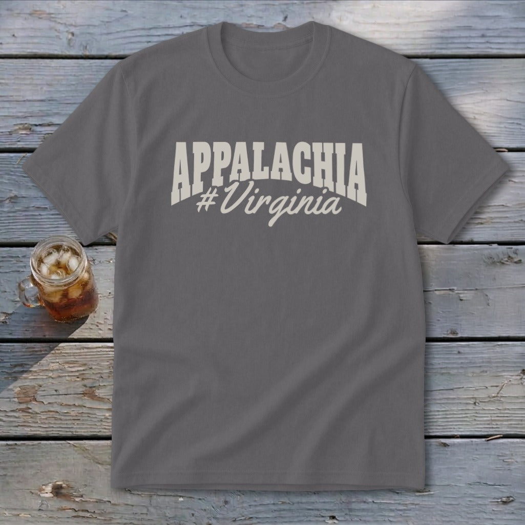 Grey t-shirt with "APPALACHIA #Virginia" text in cream.