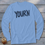 Light blue long-sleeve shirt with "YOUR'N" printed in dark blue.