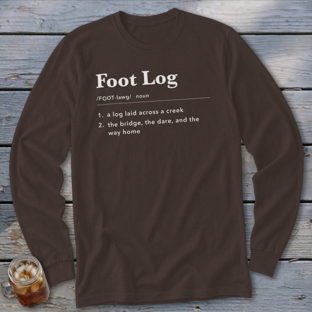 Brown long-sleeve shirt with a dictionary definition print that reads Foot Log.