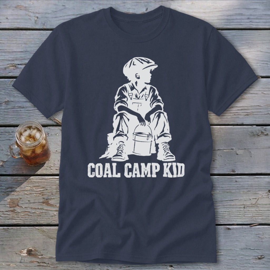 Navy t-shirt with white graphic of boy holding bucket, text "COAL CAMP KID".