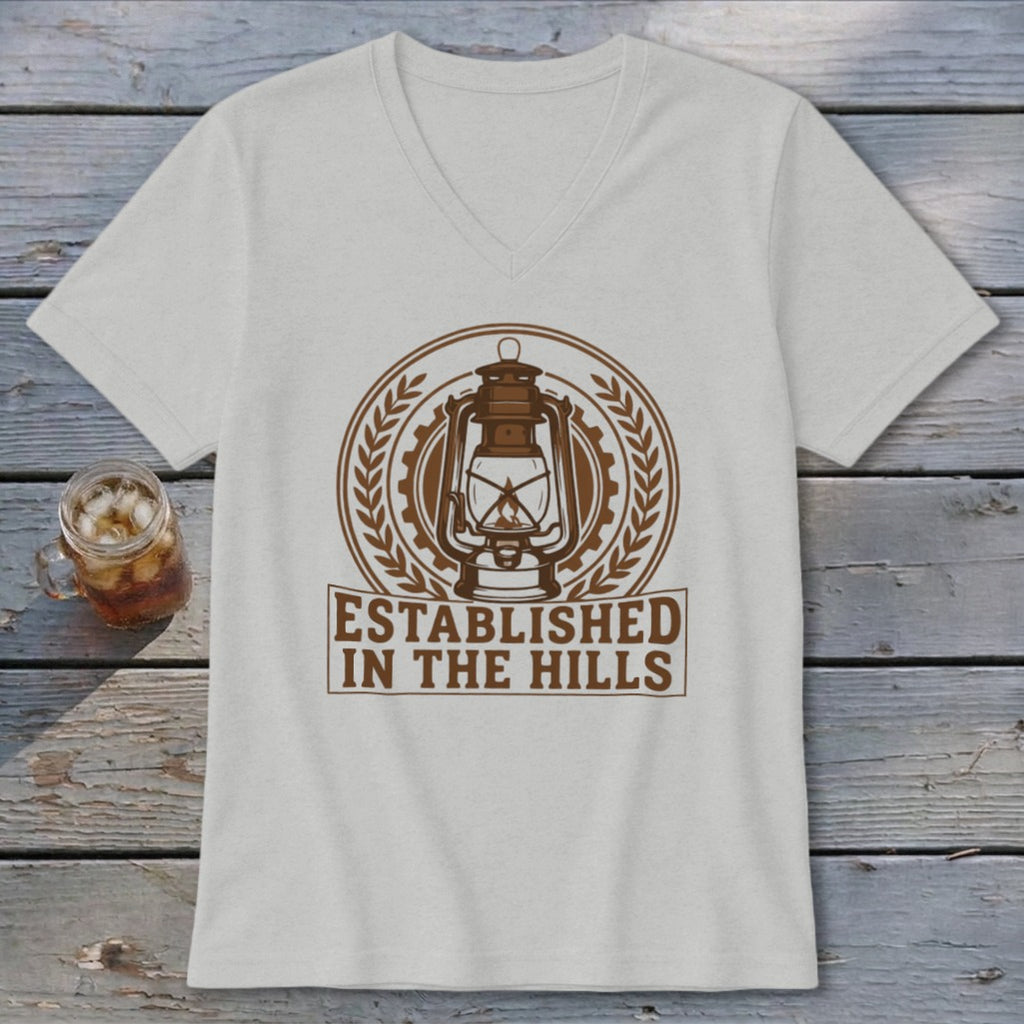 Light grey v-neck t-shirt with brown lantern graphic and "ESTABLISHED IN THE HILLS" text.