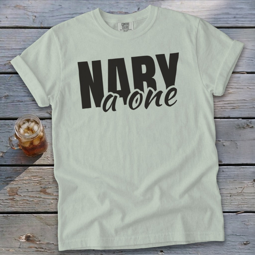 Light green t-shirt with black text "NARY a one" and Comfort Colors tag.