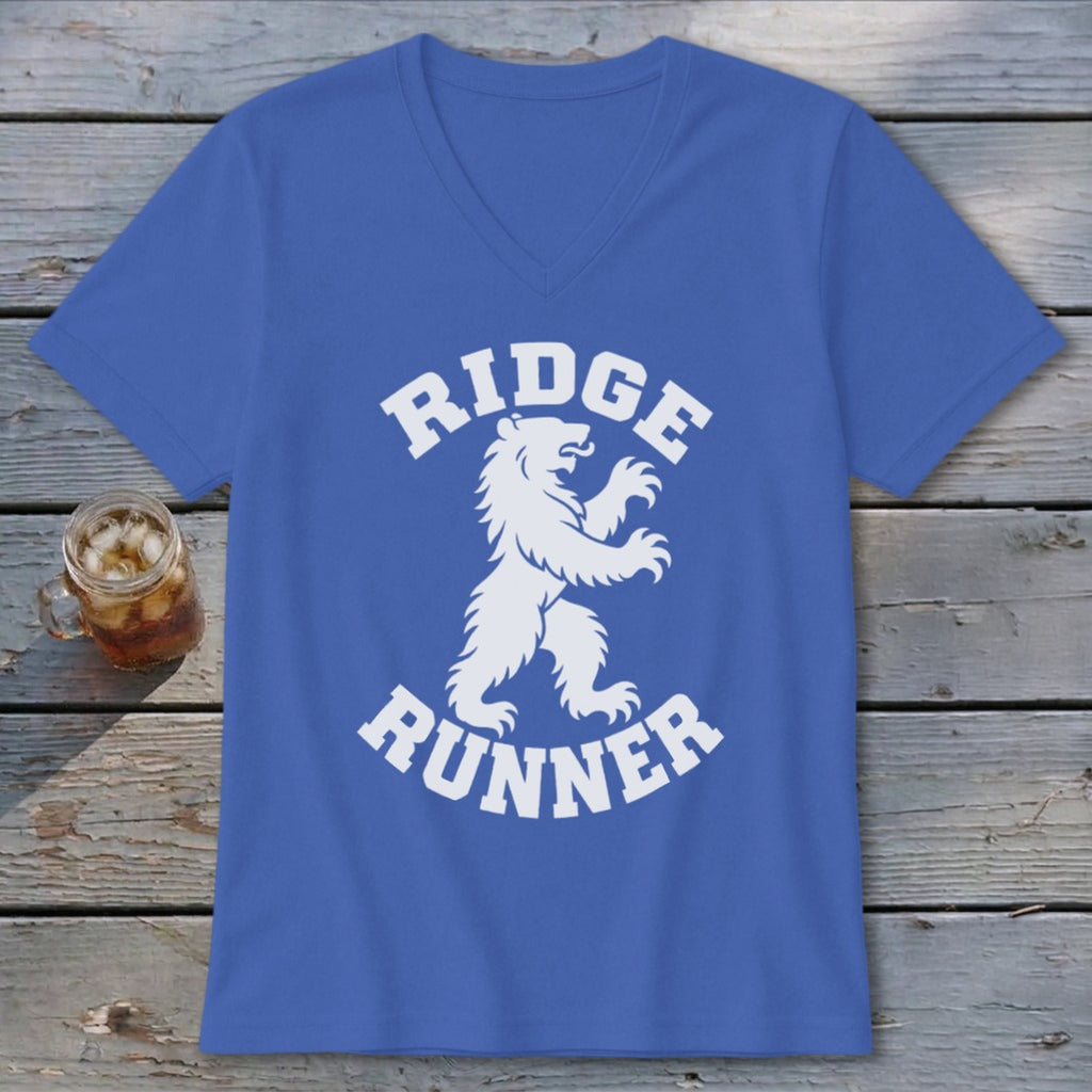 Royal blue v-neck t-shirt with white "RIDGE RUNNER" text and bear graphic.