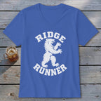 Royal blue v-neck t-shirt with white "RIDGE RUNNER" text and bear graphic.