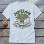 White t-shirt with "Ramp Season" graphic featuring a bundle of ramps and mountains.