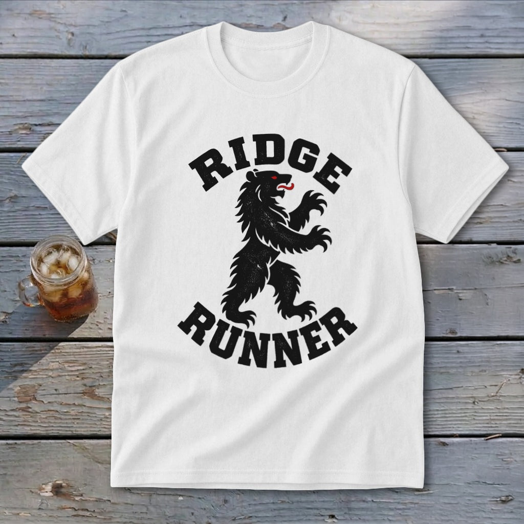 White t-shirt with black "RIDGE RUNNER" text and a black bear graphic.