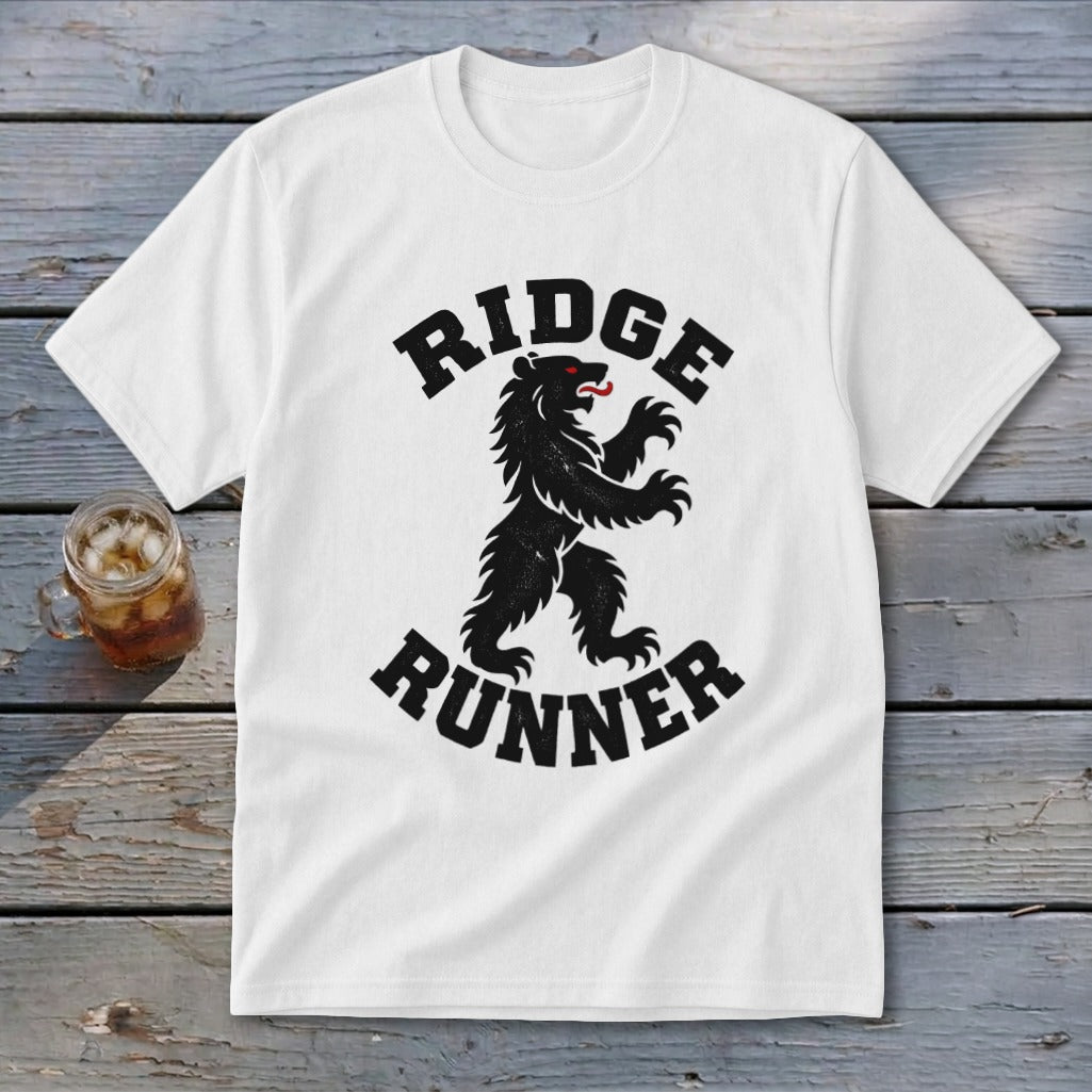 White t-shirt with black "RIDGE RUNNER" text and a black bear graphic.