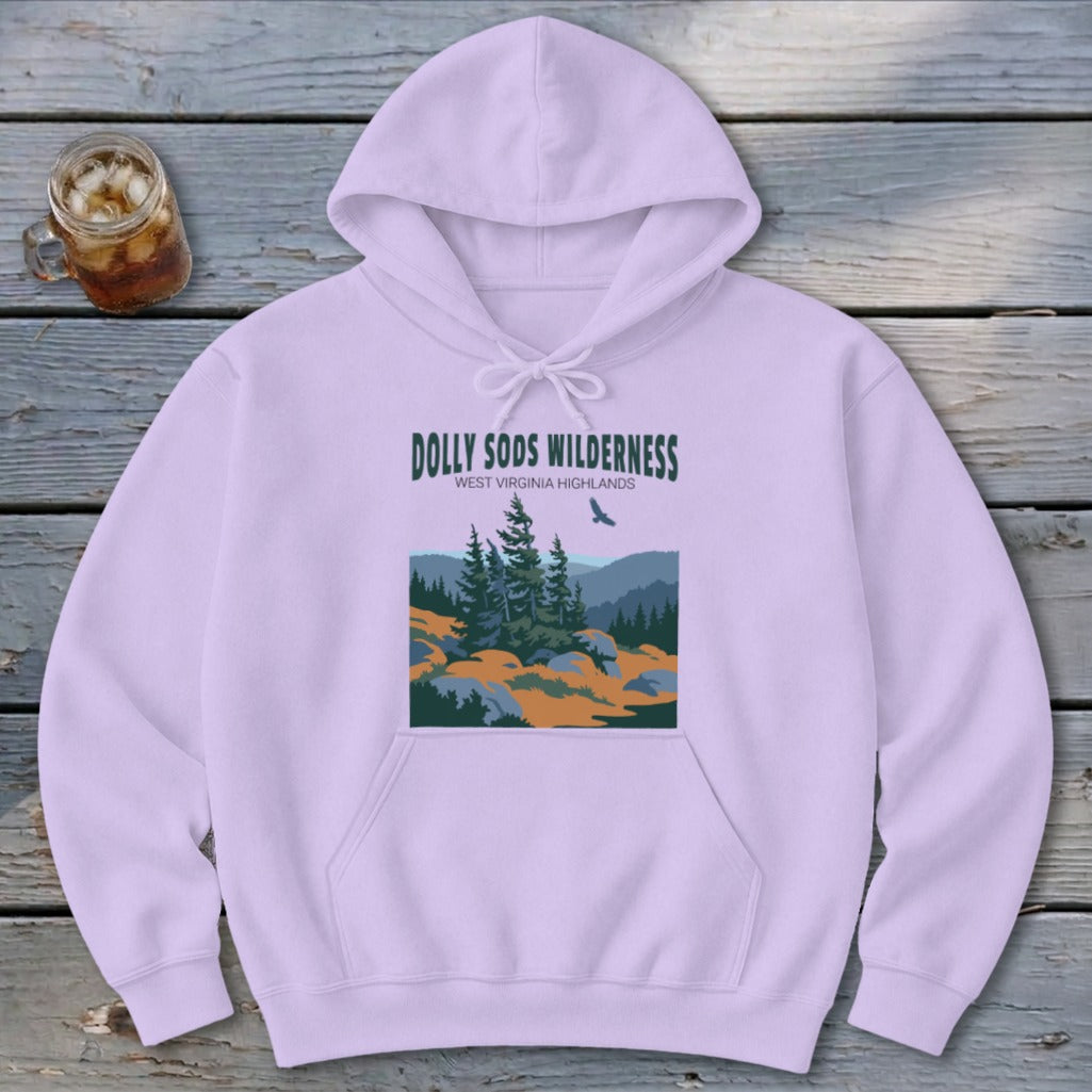 Light purple hoodie with a nature graphic and Dolly Sods Wilderness text on a wooden background.