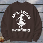 Brown crewneck sweatshirt featuring a white graphic of a dancer with Appalachian Flatfoot Dancer text.