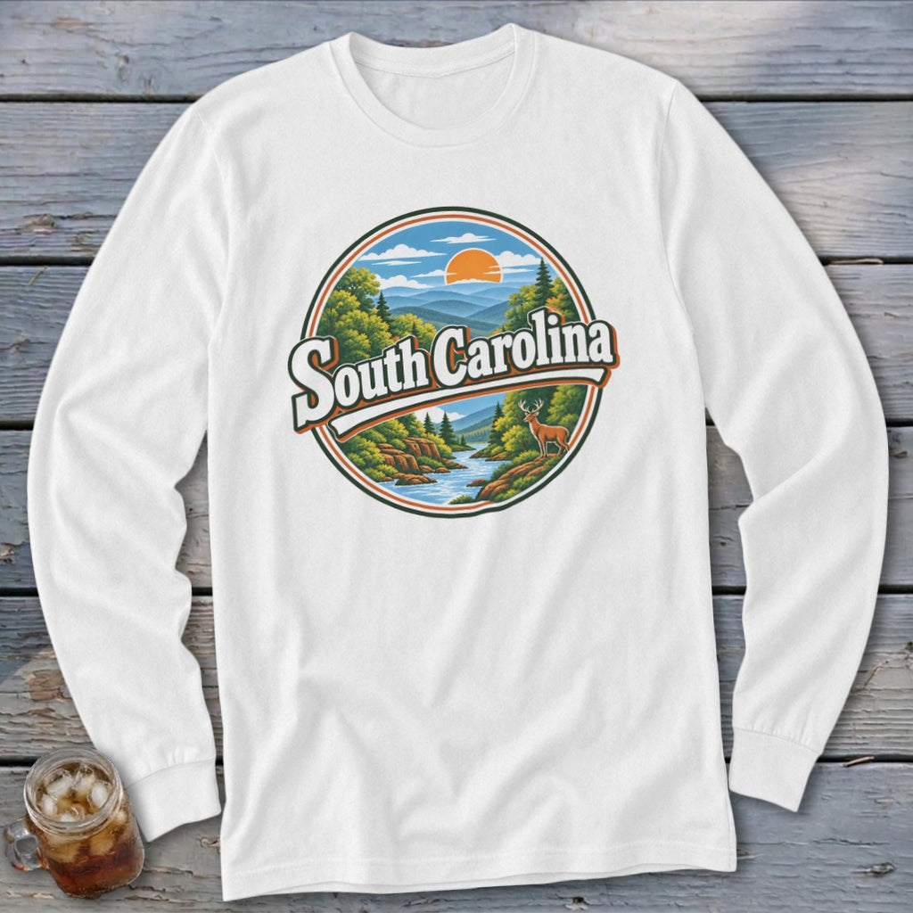 White long-sleeve shirt with circular South Carolina mountain and river graphic.