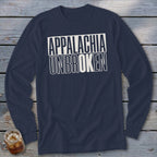 Navy long-sleeve shirt with "APPALACHIA UNBROKEN" text in white block letters.