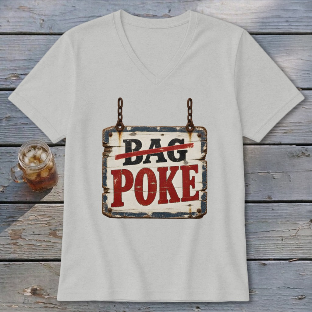A light gray V-neck t-shirt featuring a hanging wooden sign graphic with the text BAG POKE.