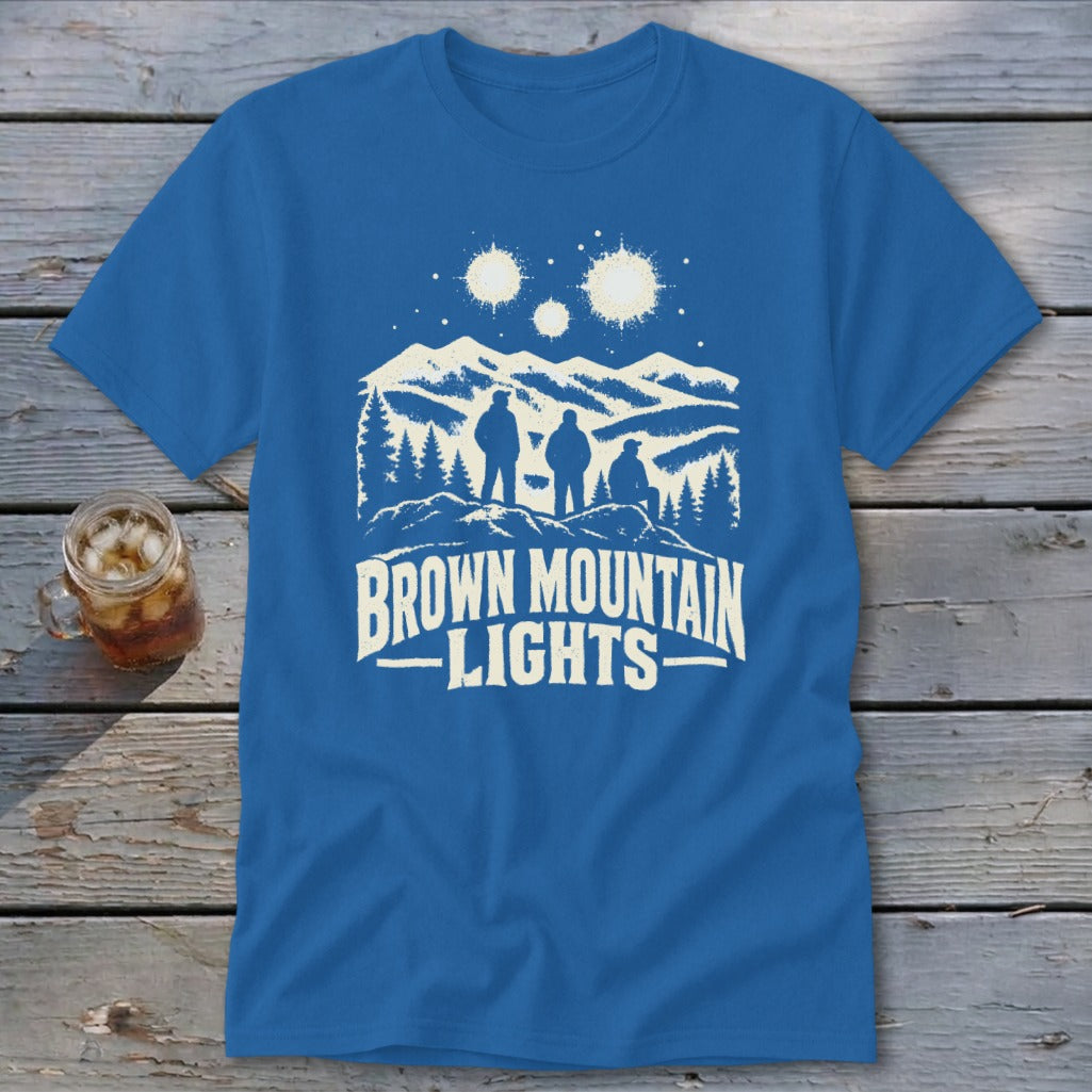 Royal blue t-shirt featuring a graphic of three figures, mountains, and the text Brown Mountain Lights.