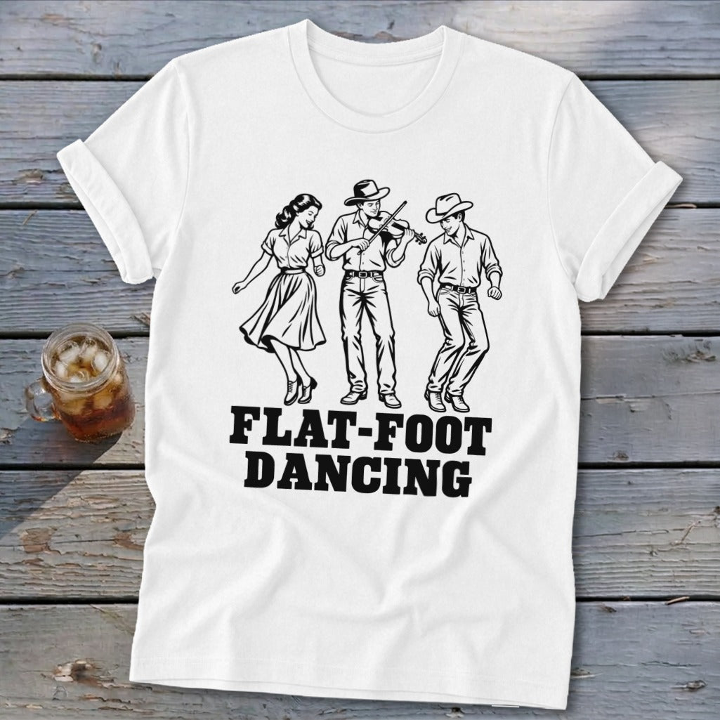White t-shirt with black graphic of three dancers and "FLAT-FOOT DANCING" text.