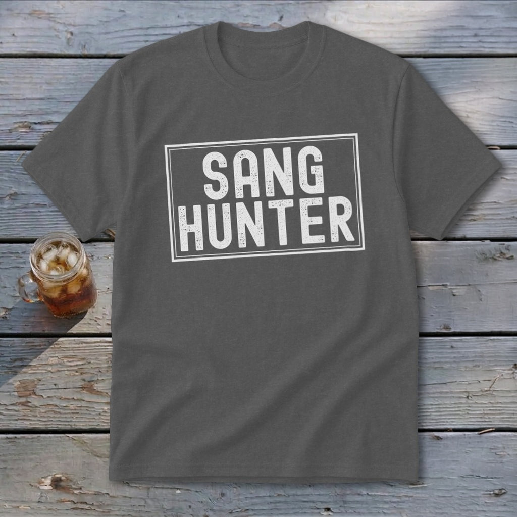 Gray t-shirt with "SANG HUNTER" in white distressed lettering within a white rectangle.