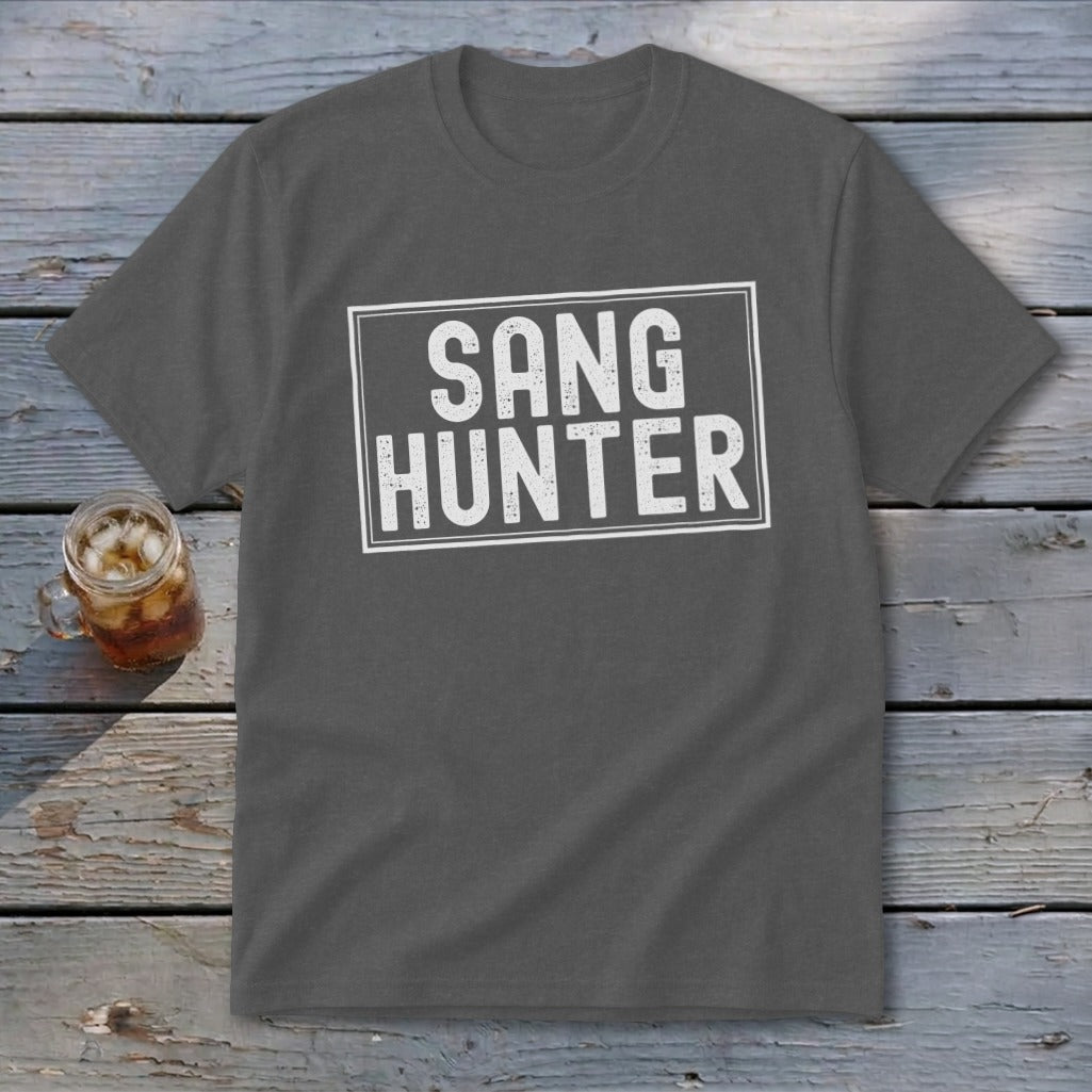 Gray t-shirt with "SANG HUNTER" in white distressed lettering within a white rectangle.