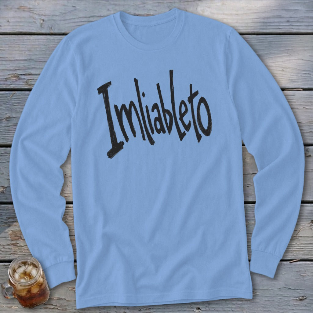 Light blue long sleeve t-shirt with black brush-stroke text "Imliableto."