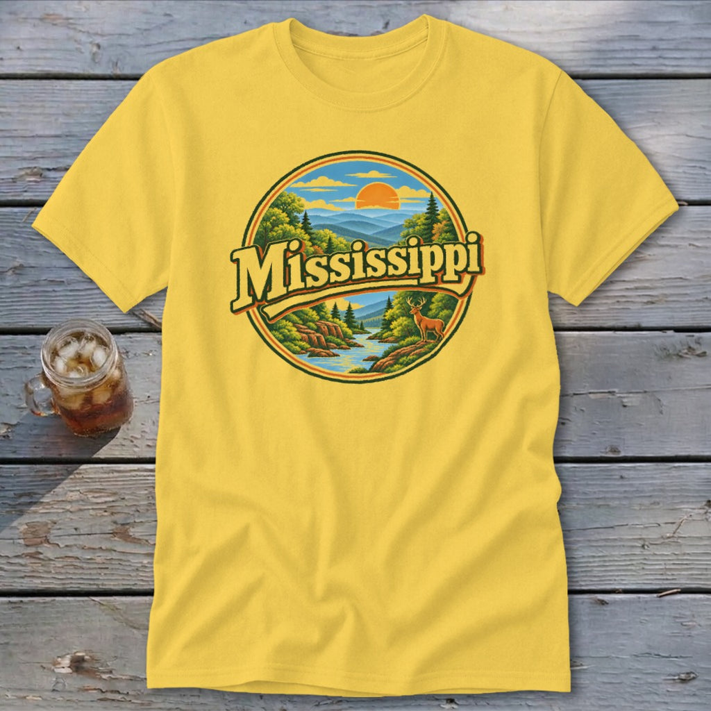 Yellow t-shirt with circular graphic featuring "Mississippi" and a deer by a river.