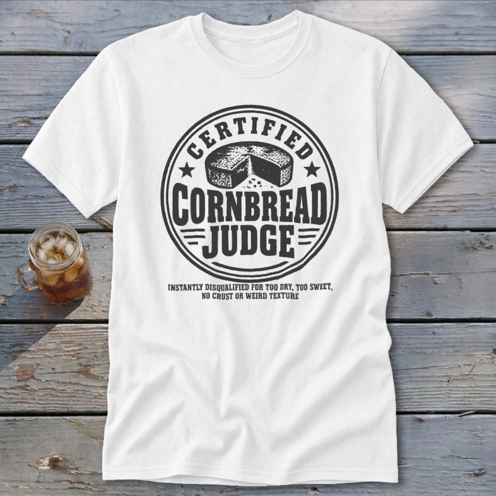 White t-shirt featuring a black graphic that reads Certified Cornbread Judge surrounding a cornbread wheel.