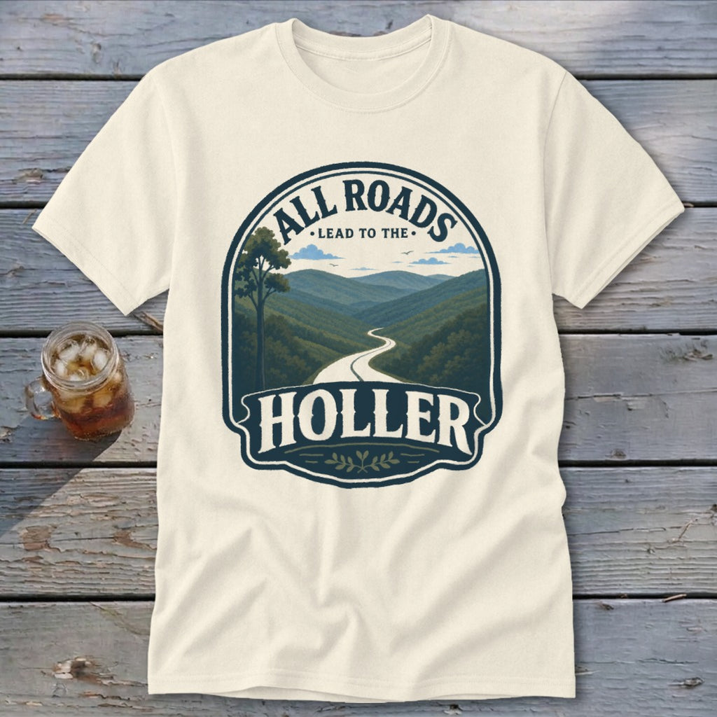 Cream t-shirt with "All Roads Lead to the Holler" text and mountain road graphic.