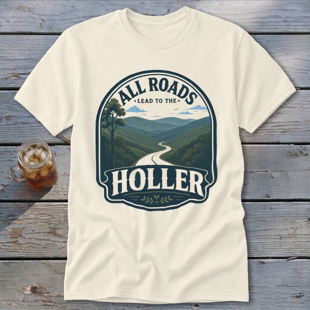 Cream t-shirt with "All Roads Lead to the Holler" text and mountain road graphic.