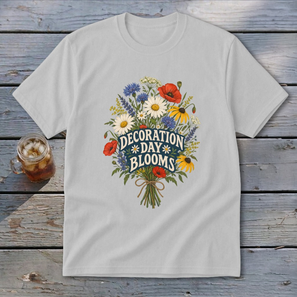 Light gray t-shirt with "Decoration Day Blooms" text and a bouquet of wildflowers.